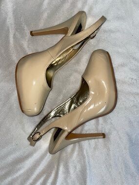 Nude Patent Slingback Platform Pumps